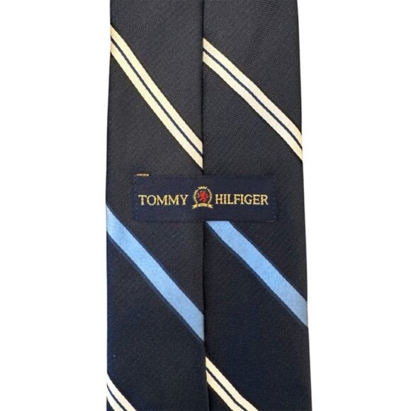 Tommy Hilfiger silk tie with white & light blue stripes on navy background - Picture 6 of 8